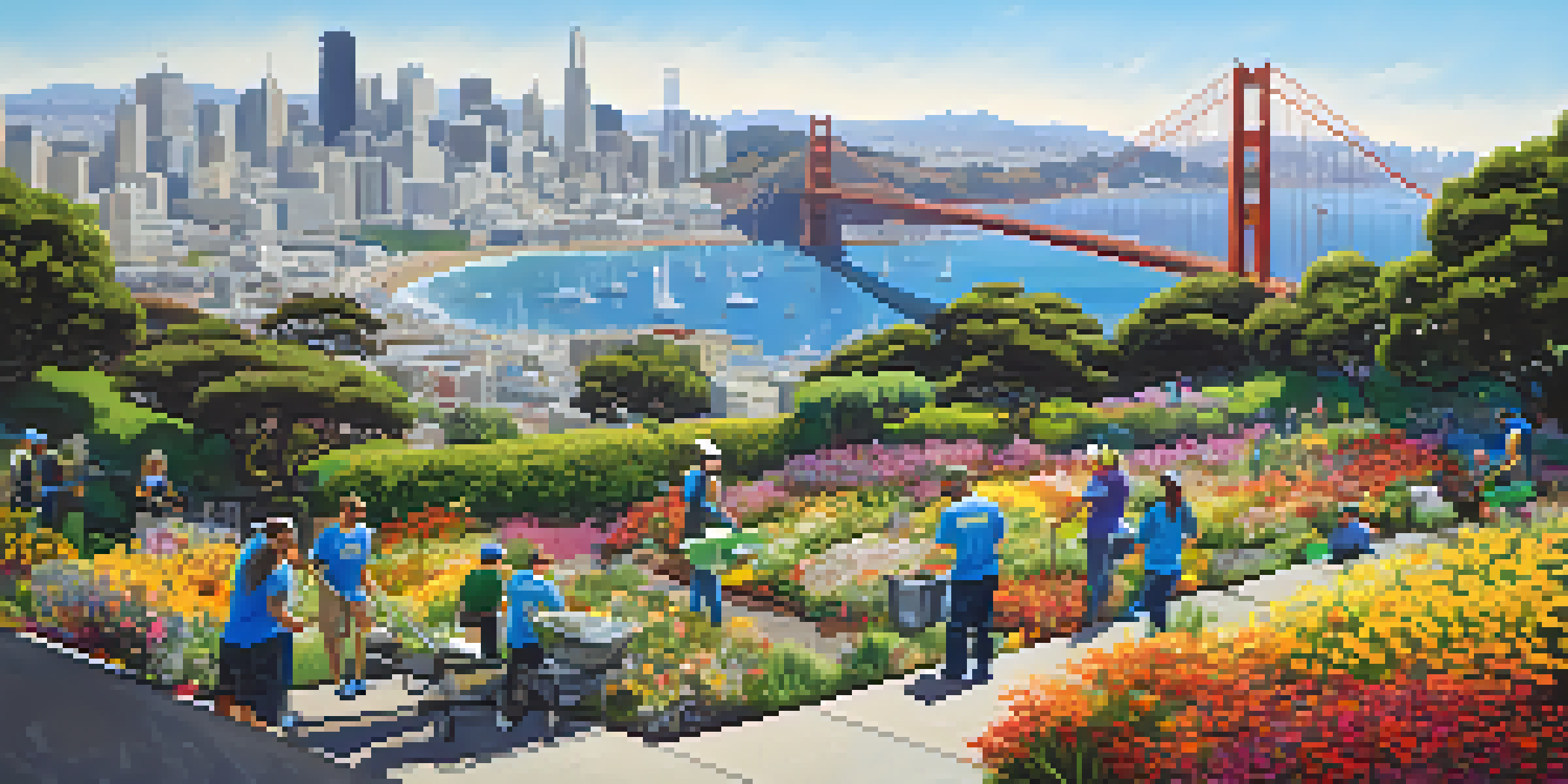 A colorful park in San Francisco with volunteers cleaning up, showcasing the Golden Gate Bridge in the background under a clear blue sky.