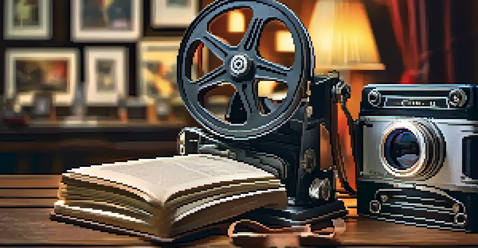 A close-up of a vintage film reel and camera on a wooden table, evoking a sense of nostalgia for cinema.