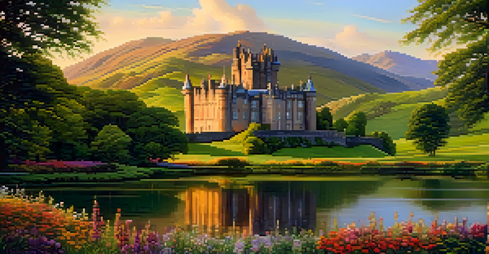 A picturesque Scottish castle surrounded by green hills and gardens, illuminated by the sunset, with a loch in the foreground.