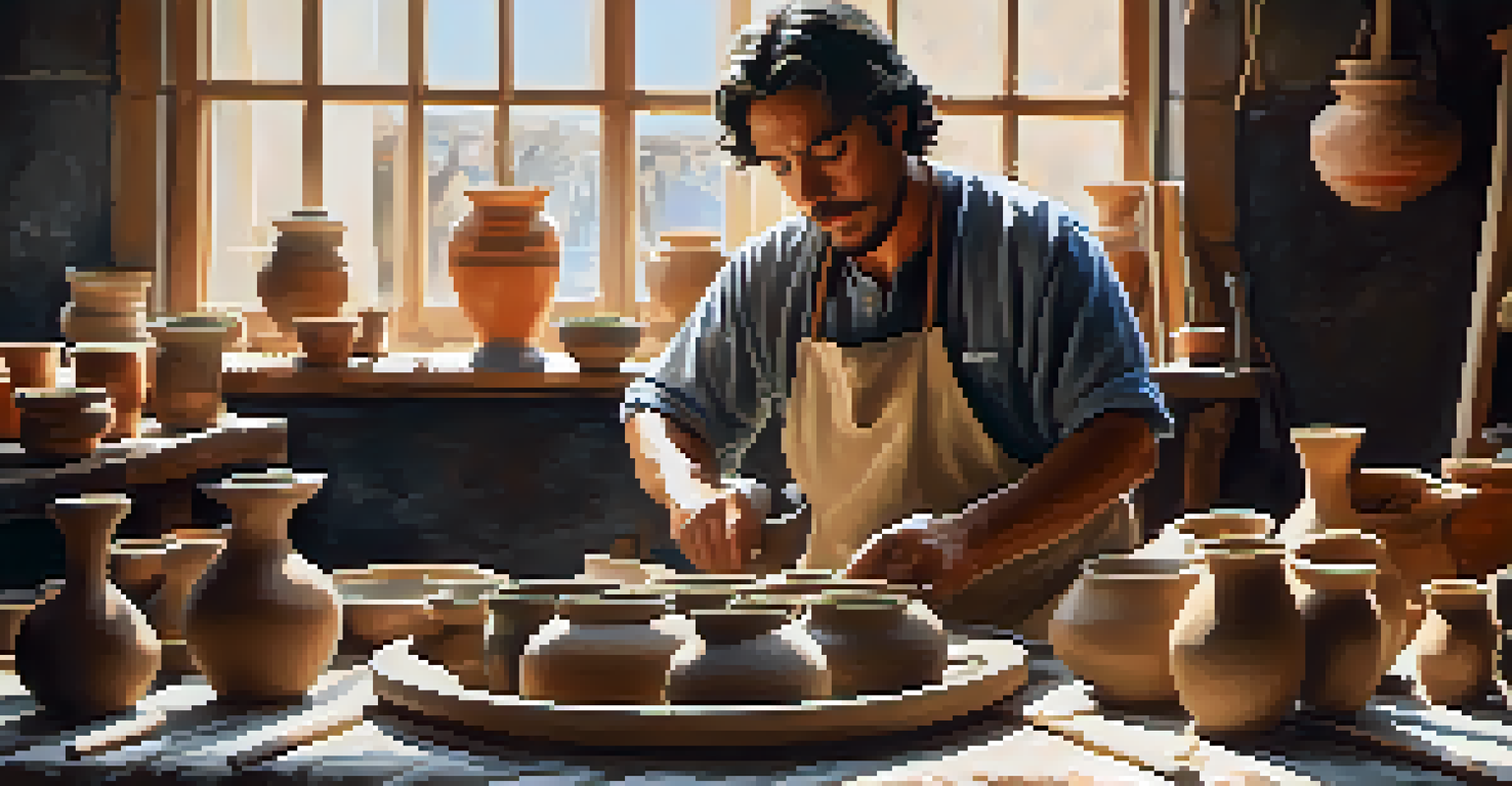 An artisan demonstrating pottery making at a market, surrounded by glazed ceramics, with soft natural light illuminating the workspace.