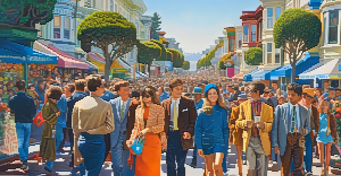 A lively street scene in the Haight-Ashbury district with young activists holding colorful peace signs and dressed in bohemian attire.