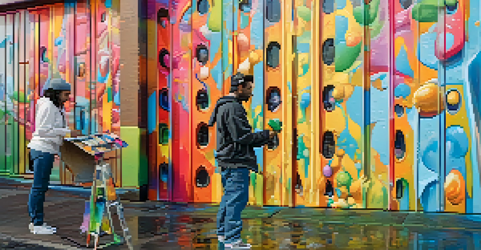 A street artist painting a colorful mural on a wall in San Francisco, showcasing their focused expression and splattered clothes.