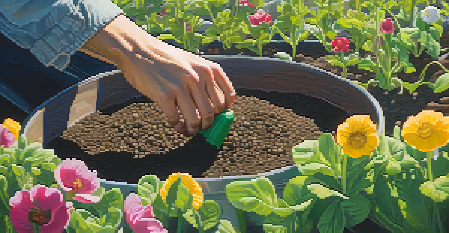 A close-up of hands planting seeds in soil in a community garden, surrounded by flowers and a watering can.
