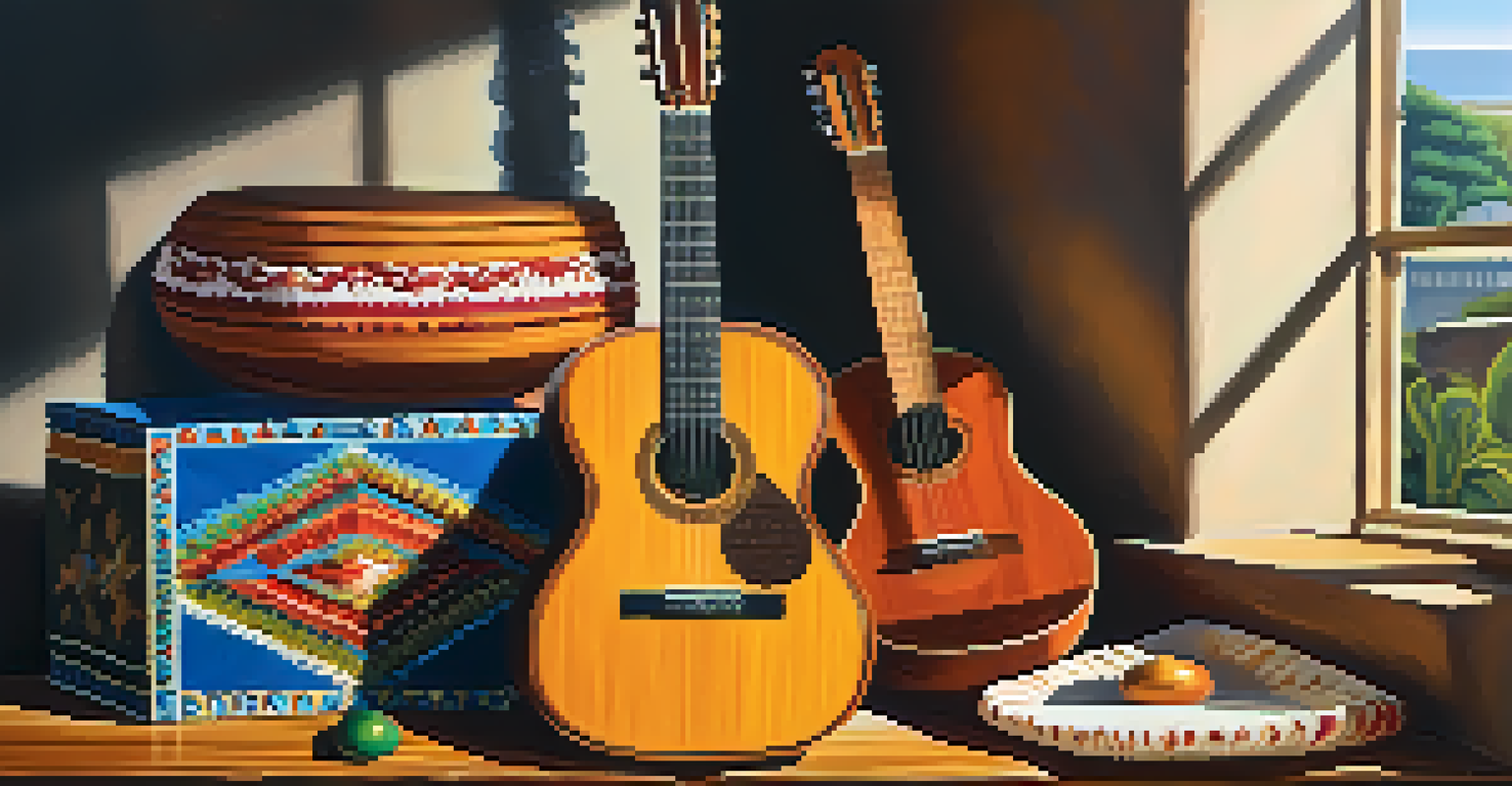 An artistic arrangement of traditional Latin musical instruments on a wooden table, illuminated by natural light.