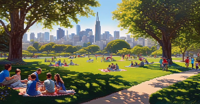 A lively urban park in San Francisco filled with greenery, flowers, and people enjoying outdoor activities.