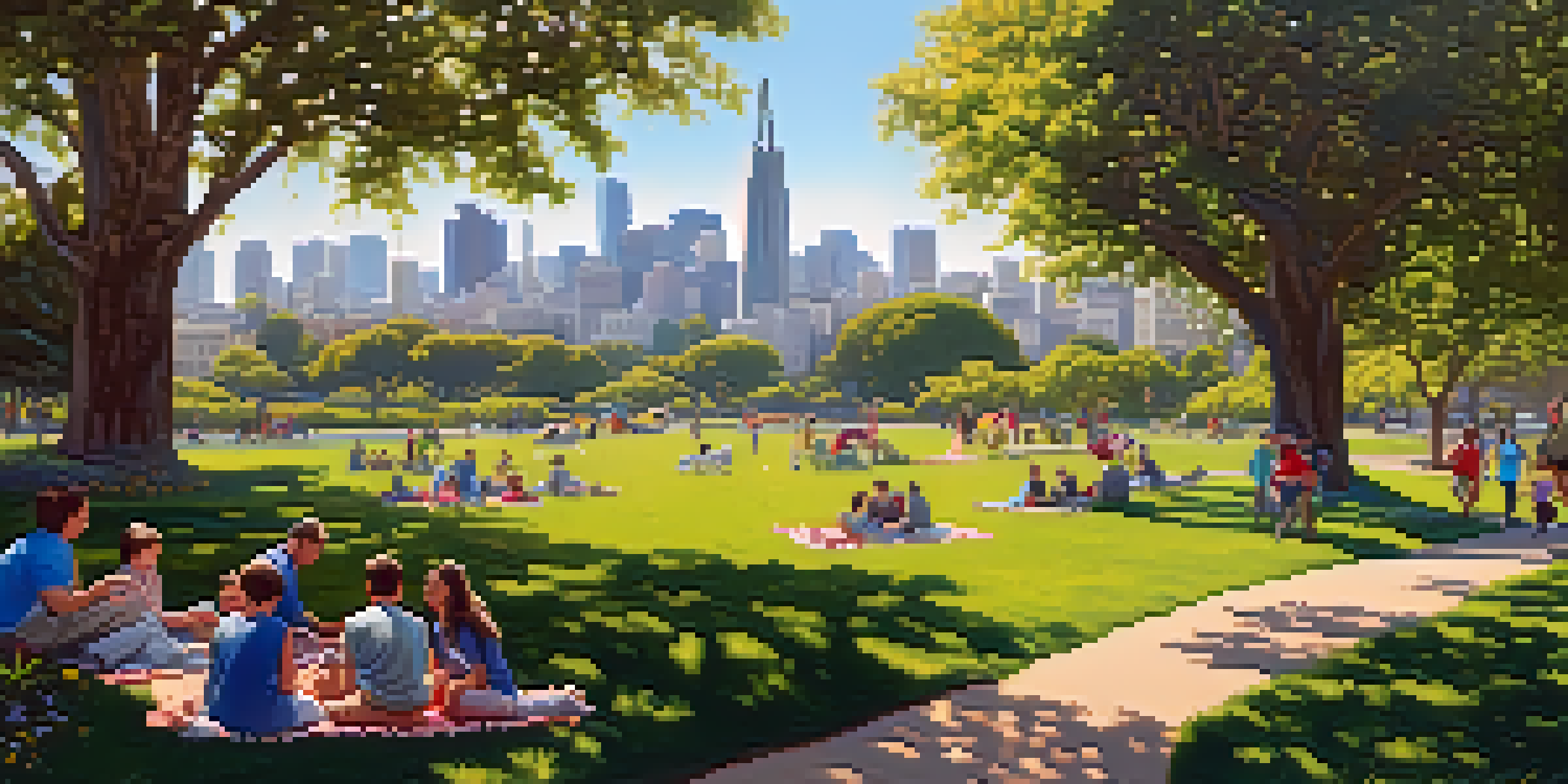 A lively urban park in San Francisco filled with greenery, flowers, and people enjoying outdoor activities.