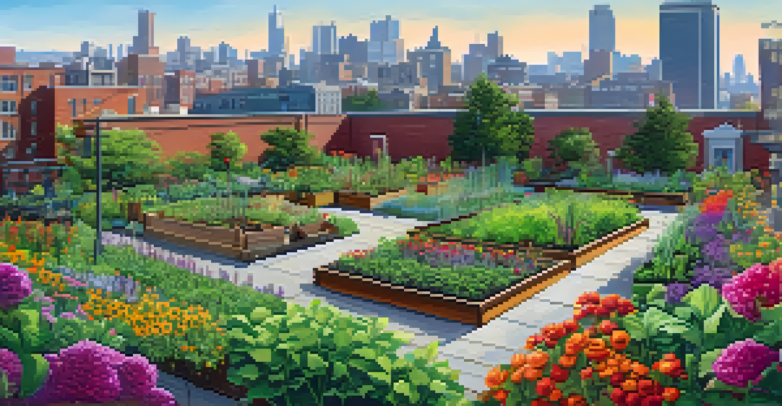A wide view of a community garden in an urban area, displaying raised beds of vegetables and flowers against a city skyline.