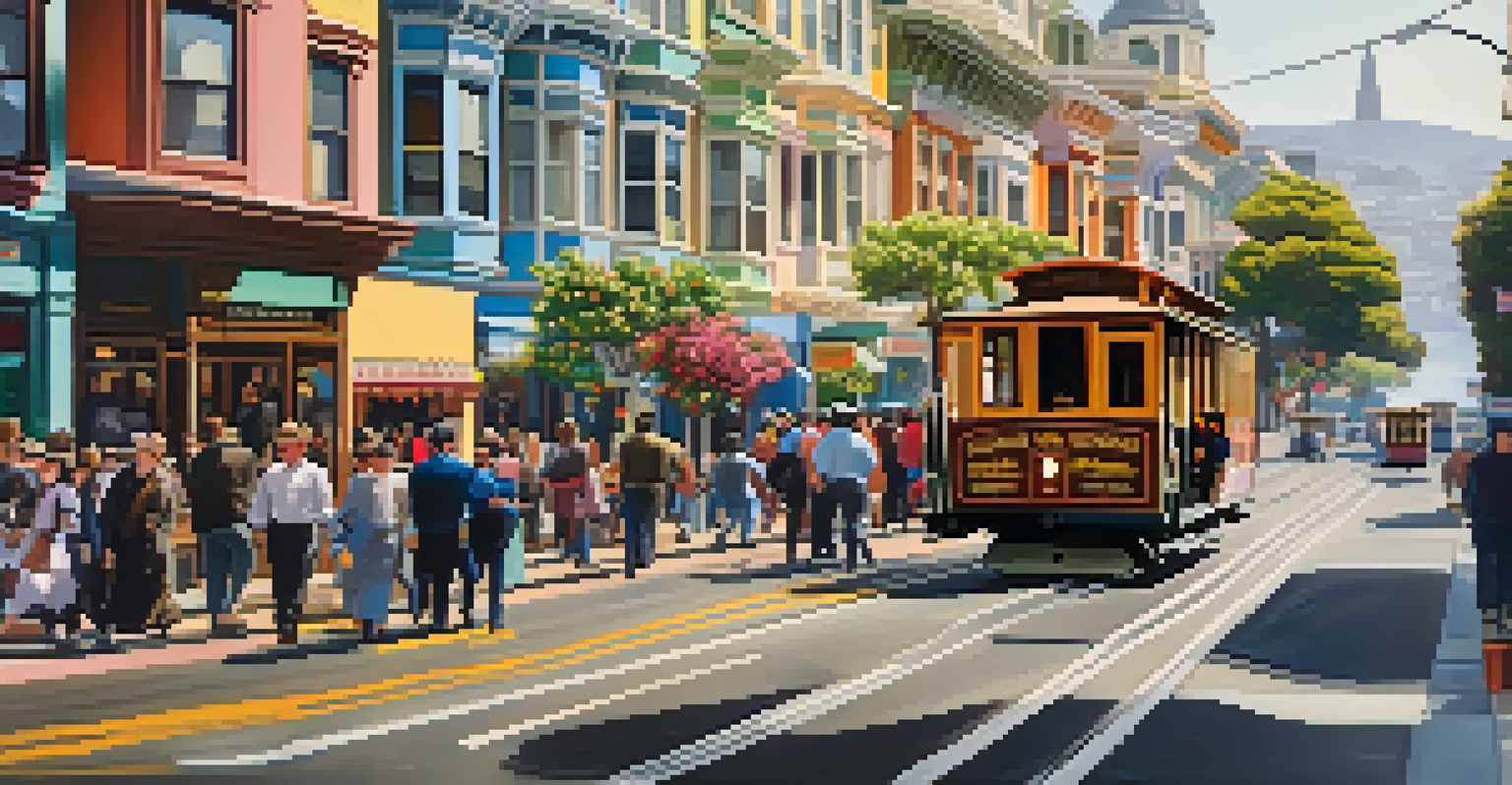 A lively San Francisco street scene with diverse people, colorful Victorian houses, and a moving cable car, showcasing the city's vibrant culture.