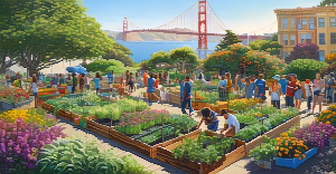 A community garden in San Francisco with people tending to plants, flowers, and the Golden Gate Bridge in the background.