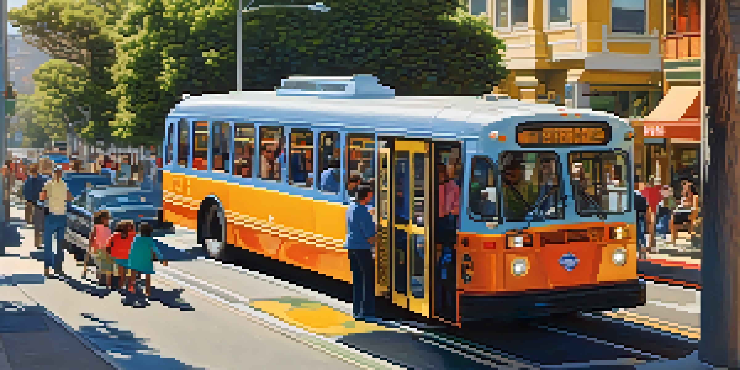 A busy street in San Francisco featuring a public transit bus, people at a bus stop, and the Golden Gate Bridge in the background.