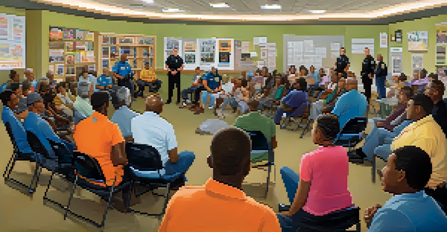 Residents and police officers participating in a neighborhood meeting in a community center.
