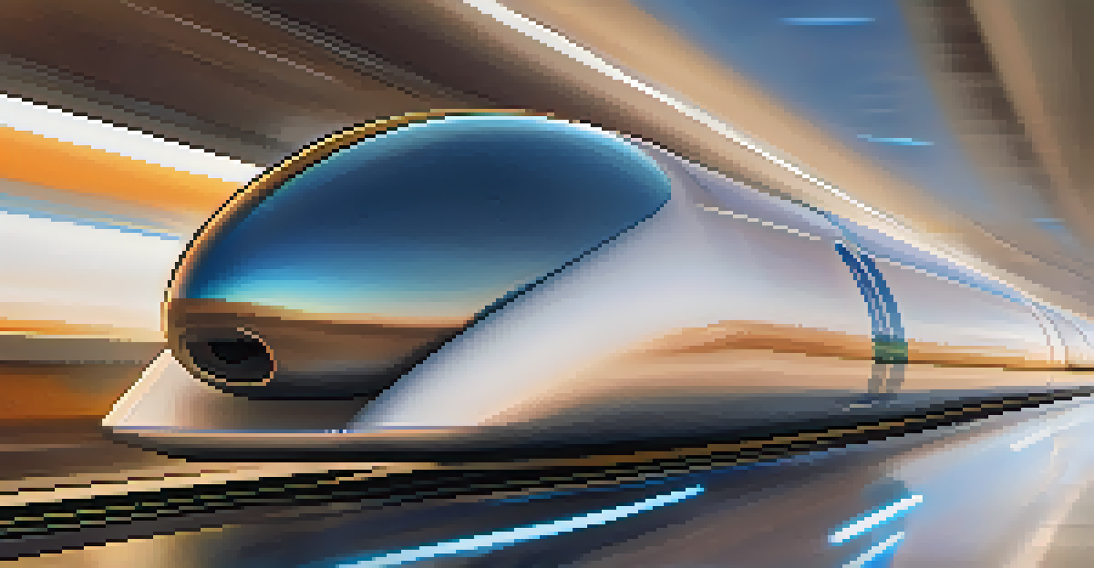 A close-up of a sleek Hyperloop pod moving rapidly through a low-pressure tube with a blurred landscape outside.