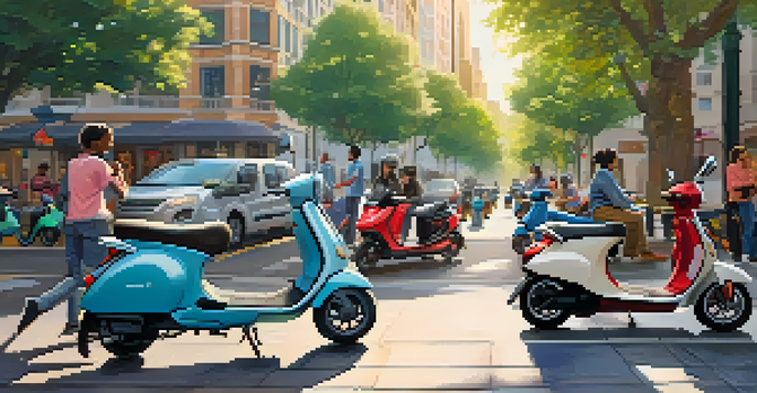A busy urban street filled with colorful electric scooters parked in a designated area, with people riding and enjoying their scooters under warm sunlight.