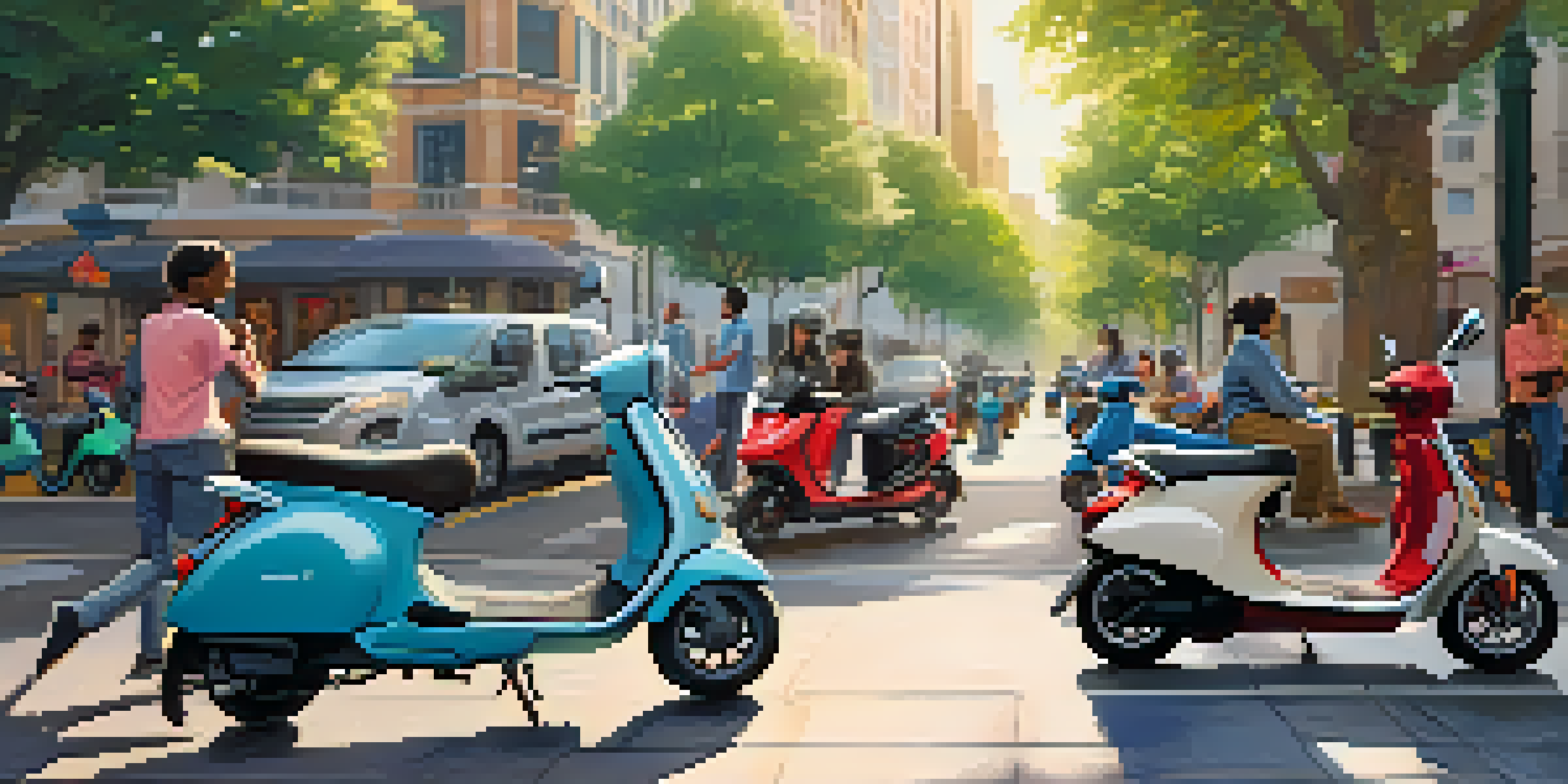 A busy urban street filled with colorful electric scooters parked in a designated area, with people riding and enjoying their scooters under warm sunlight.