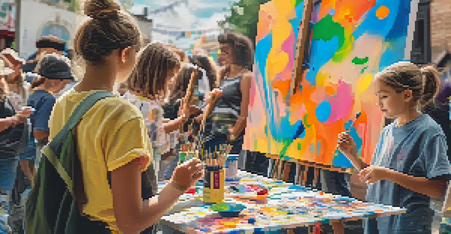 Participants of all ages engaged in a street art workshop, painting on canvases in a colorful and dynamic setting.