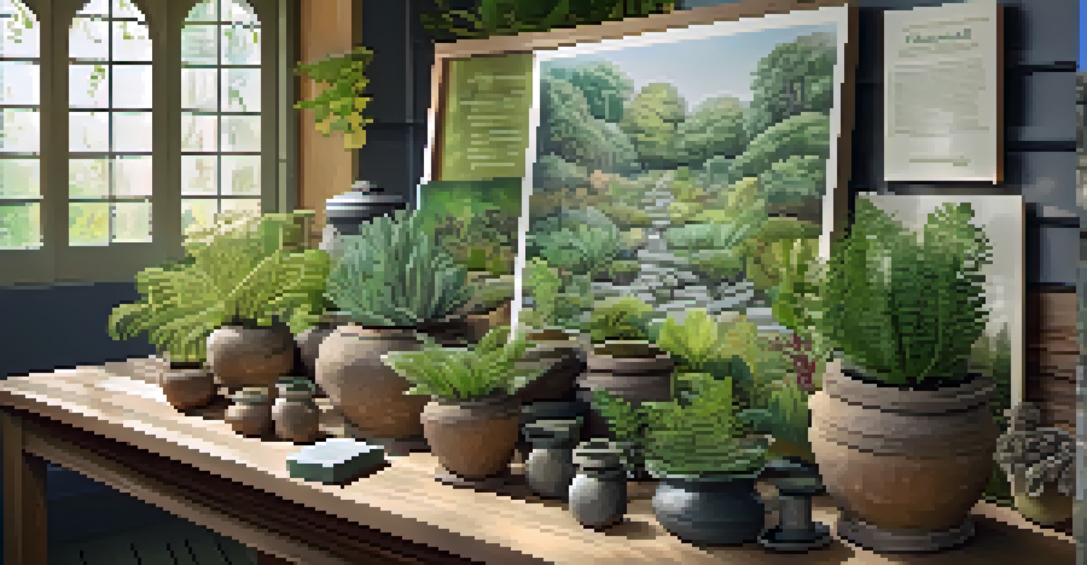An educational display of endangered plant species in a botanical garden, featuring labeled pots on a rustic table with natural elements.