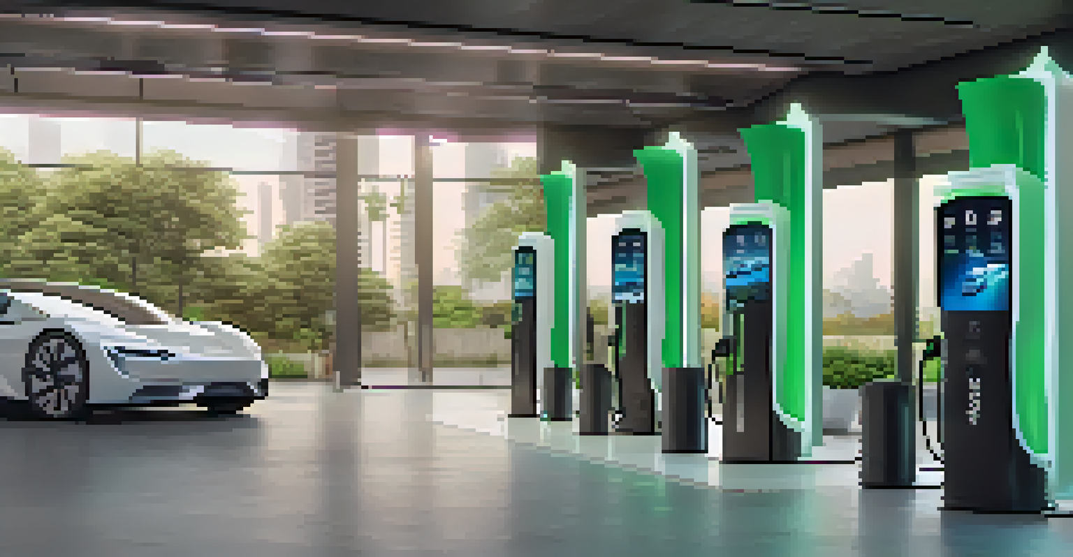 A modern indoor charging station for electric vehicles with ambient lighting. Several EVs are plugged in, and digital screens display charging information.