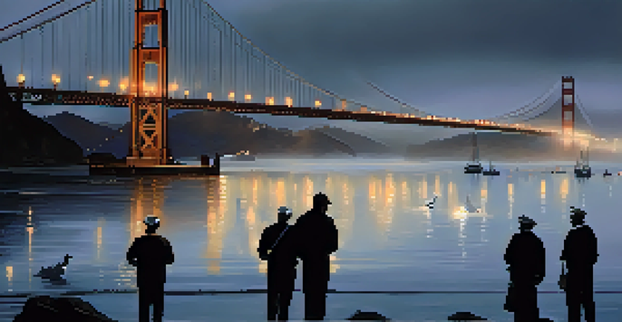A foggy San Francisco waterfront at night with ghostly sailors in tattered clothes, the Golden Gate Bridge, and moonlit ocean waves.