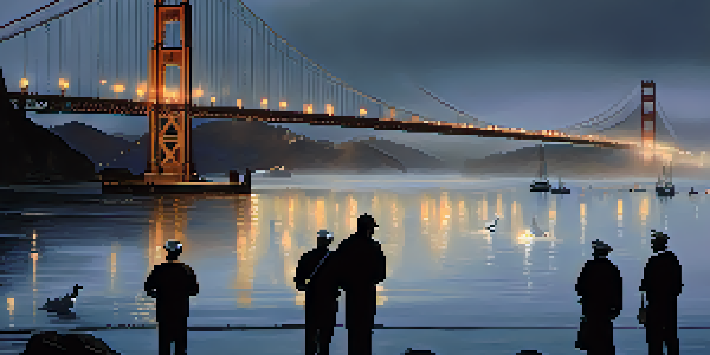 A foggy San Francisco waterfront at night with ghostly sailors in tattered clothes, the Golden Gate Bridge, and moonlit ocean waves.