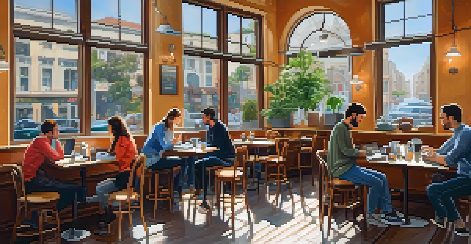 A warm cafe in North Beach with small teams of tech workers collaborating, surrounded by Italian decor and natural light.