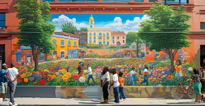 A colorful urban mural illustrating a diverse community with flowers, historical figures, and symbols of unity, set against a backdrop of city buildings and greenery.