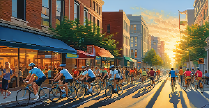 A busy urban street with cyclists navigating through traffic, surrounded by buildings and greenery, illuminated by a warm sunset.