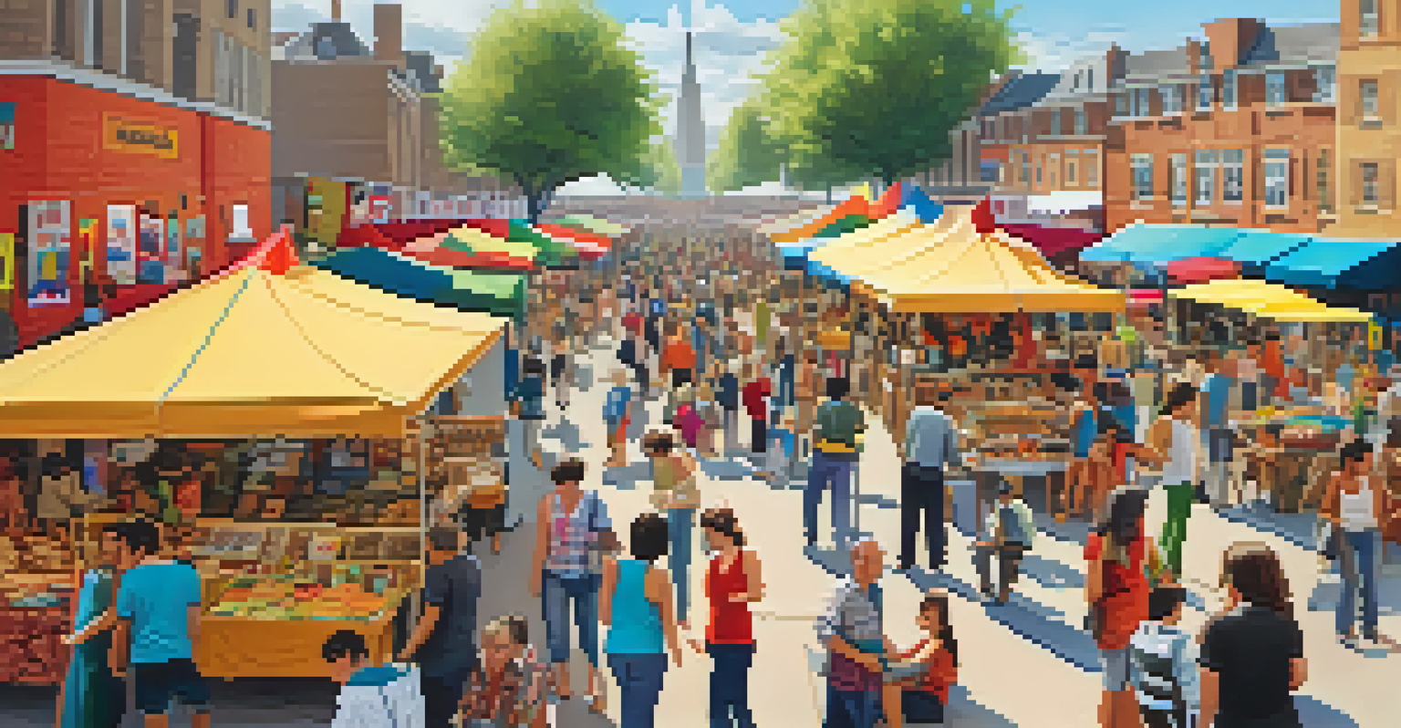 A vibrant urban craft fair with diverse stalls, local food, and street performers, showcasing a joyful community atmosphere.