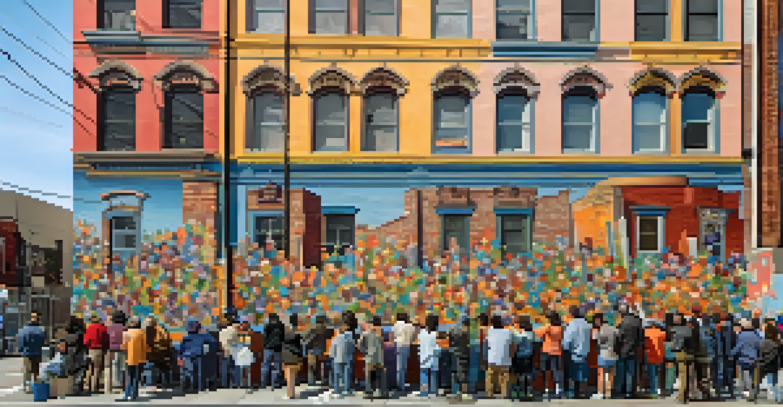 Local artists painting a large, colorful mural in the Tenderloin District, with community members engaged in the process, showcasing themes of resilience and diversity.