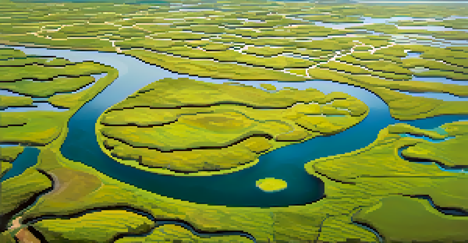 An aerial view of a salt marsh in San Francisco showing water channels and rich vegetation with birds present.