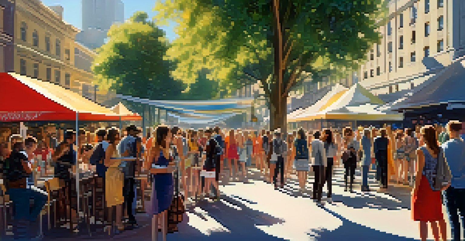 An outdoor local fashion event with a stage and attendees networking among colorful banners and city buildings in the background.