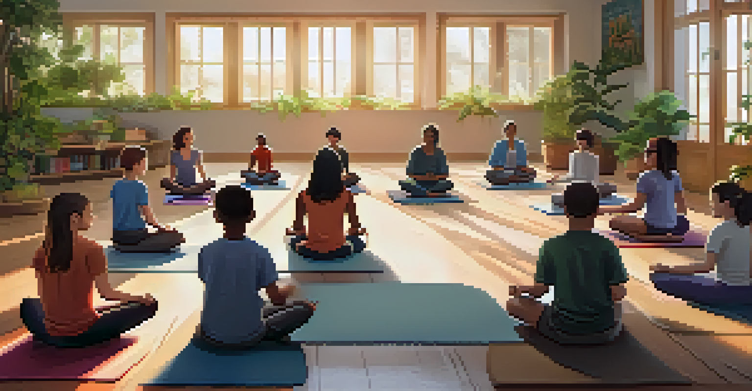 Students practicing mindfulness in a serene classroom setting, sitting on yoga mats surrounded by plants and soft lighting.