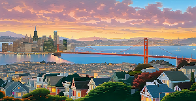 A beautiful sunset view of San Francisco's skyline with the Golden Gate Bridge, vibrant colors reflecting on the water.