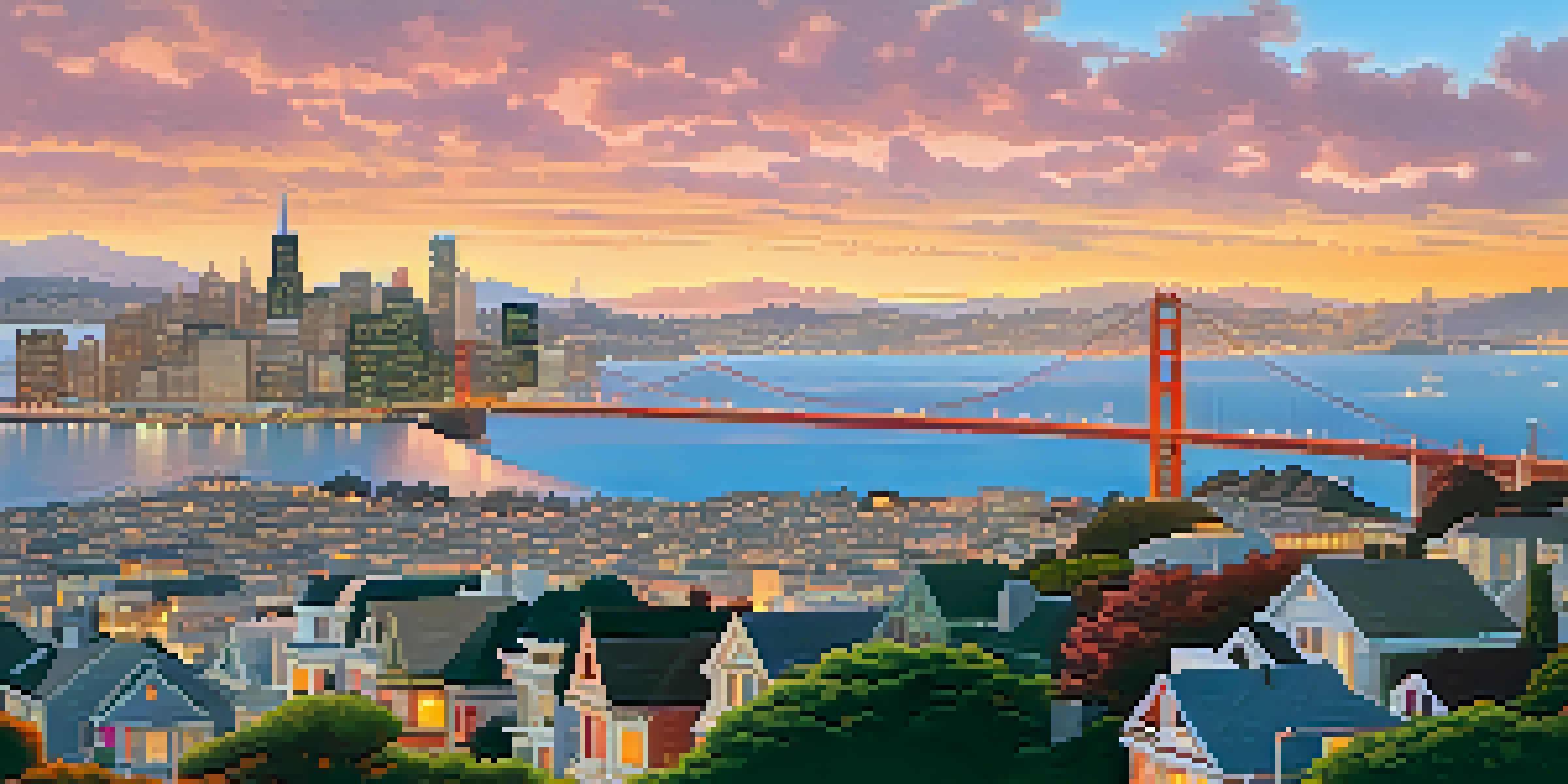 A beautiful sunset view of San Francisco's skyline with the Golden Gate Bridge, vibrant colors reflecting on the water.