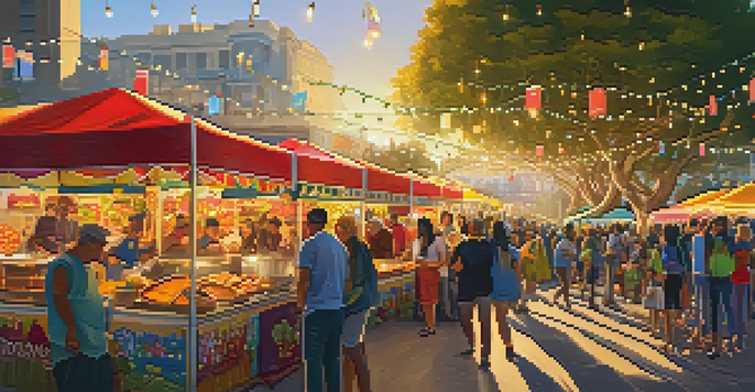 An outdoor food festival in San Francisco with colorful stalls, people sampling food, and warm sunset lighting.