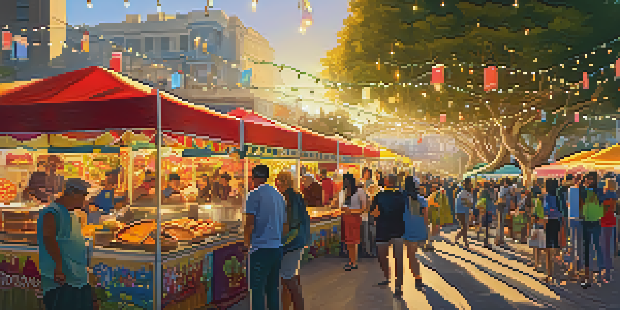 An outdoor food festival in San Francisco with colorful stalls, people sampling food, and warm sunset lighting.