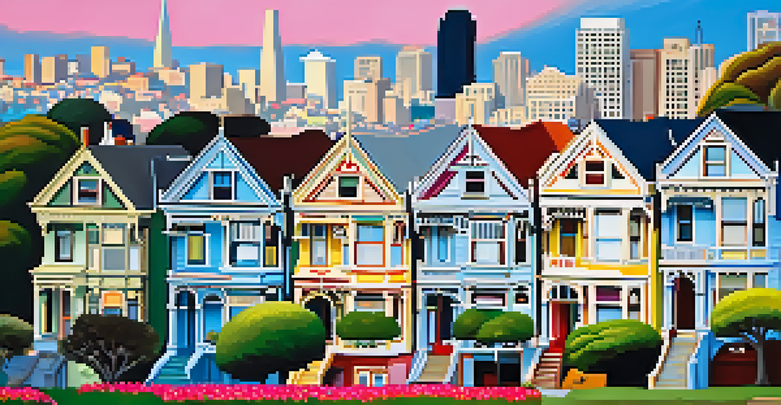 Close-up of the colorful Painted Ladies Victorian houses with San Francisco skyline in the background.