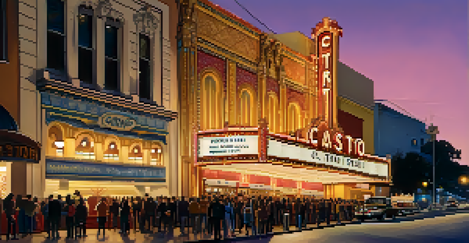 The illuminated facade of the historic Castro Theatre at dusk, with a diverse crowd enjoying the evening.