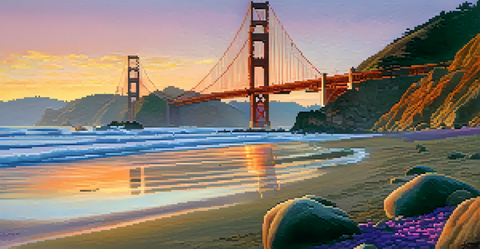 A tranquil sunset view at Baker Beach with the Golden Gate Bridge in the background, soft golden sands in the foreground, and vibrant sky colors.