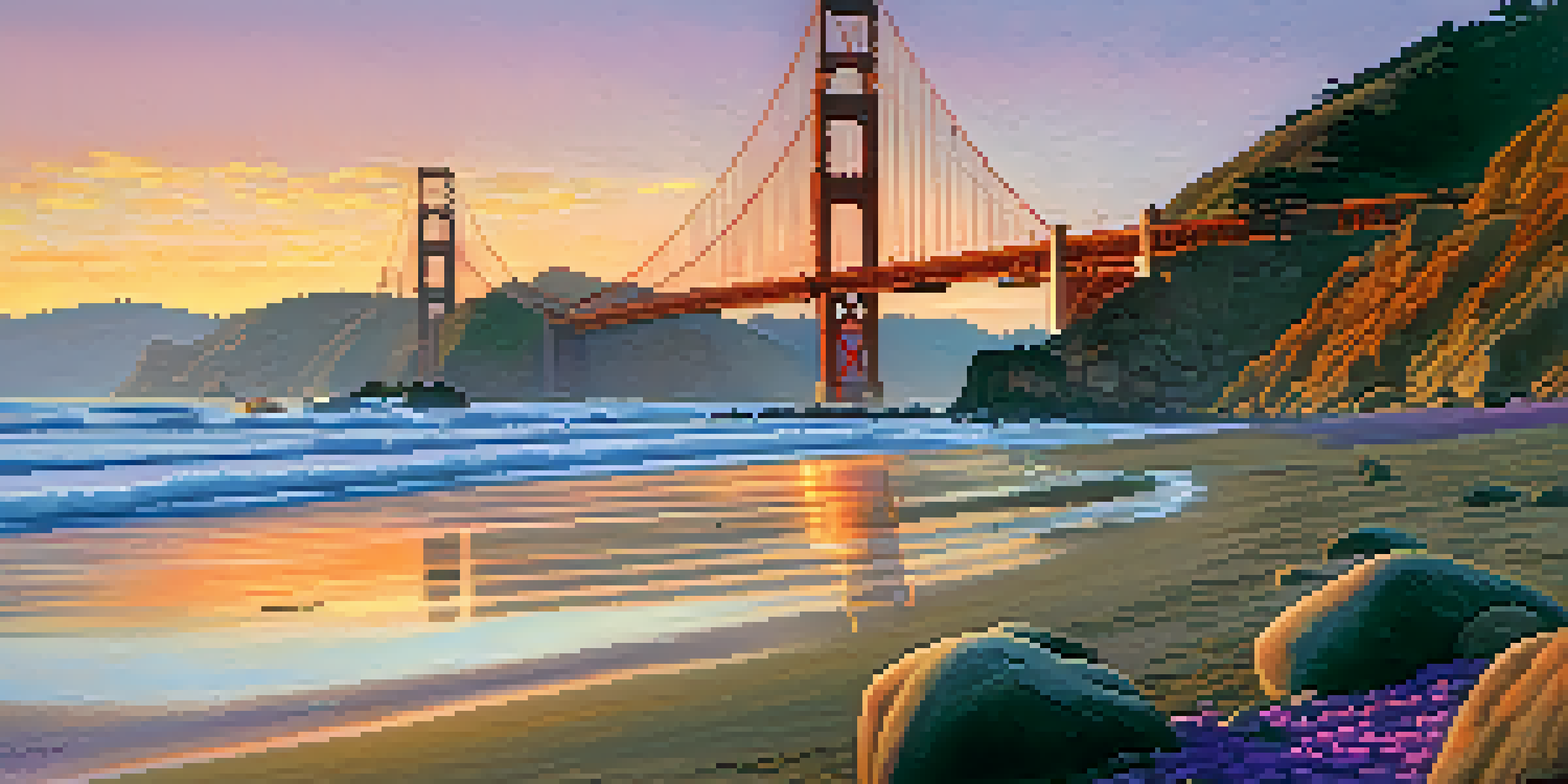 A tranquil sunset view at Baker Beach with the Golden Gate Bridge in the background, soft golden sands in the foreground, and vibrant sky colors.