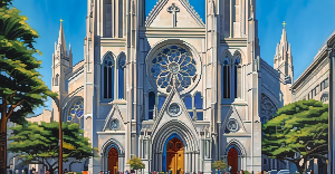 The exterior of Grace Cathedral, featuring tall spires and intricate stone details, with sunlight shining through stained glass windows.