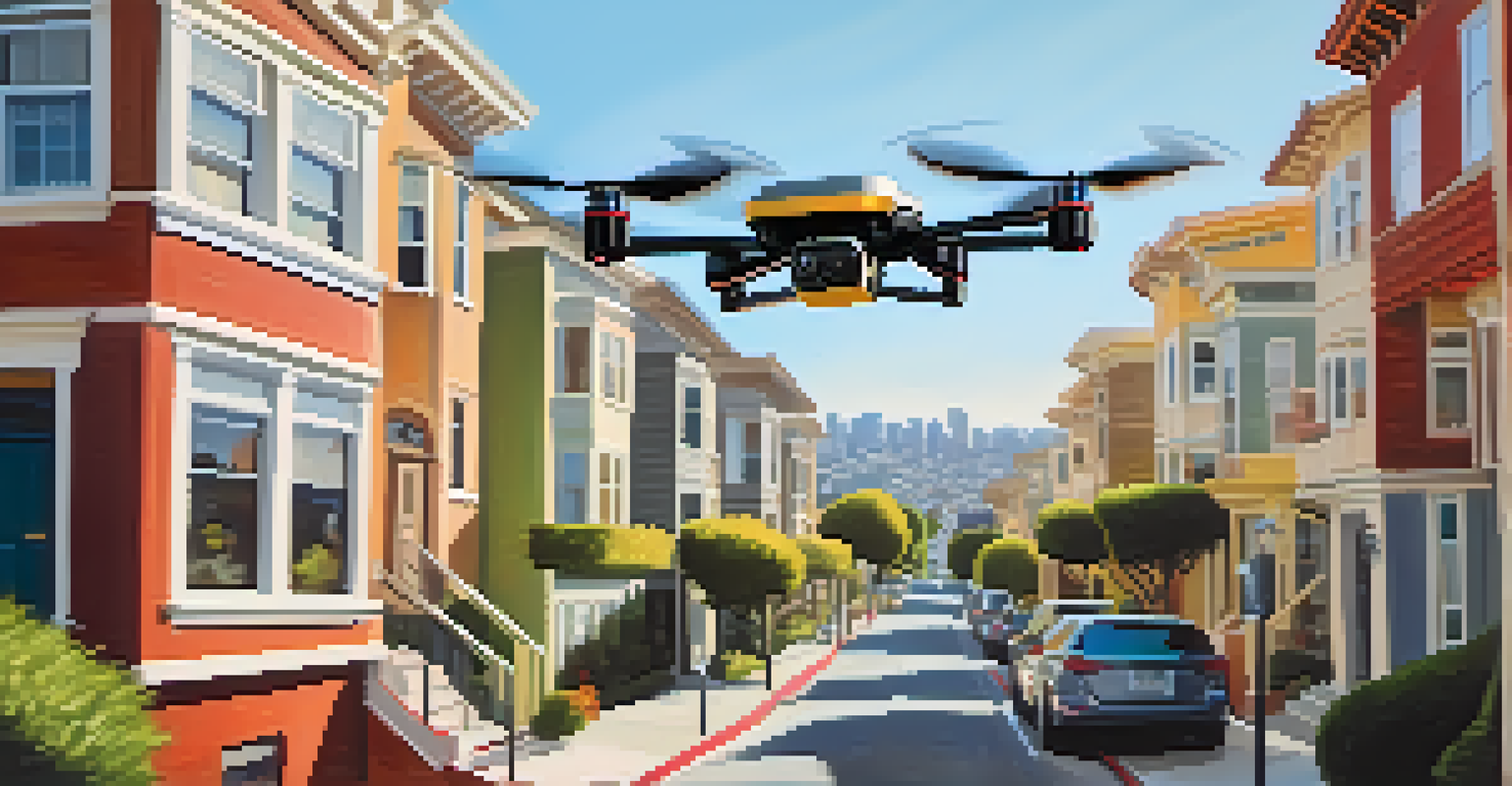 Close-up of a drone flying with a package in a colorful San Francisco neighborhood, surrounded by houses and greenery.