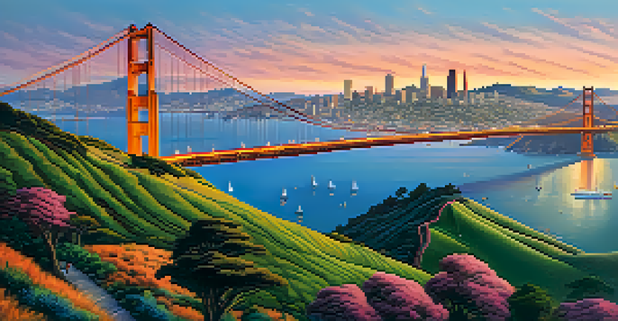 Aerial view of San Francisco with the Golden Gate Bridge at sunset, featuring green hills and sailboats in the bay.