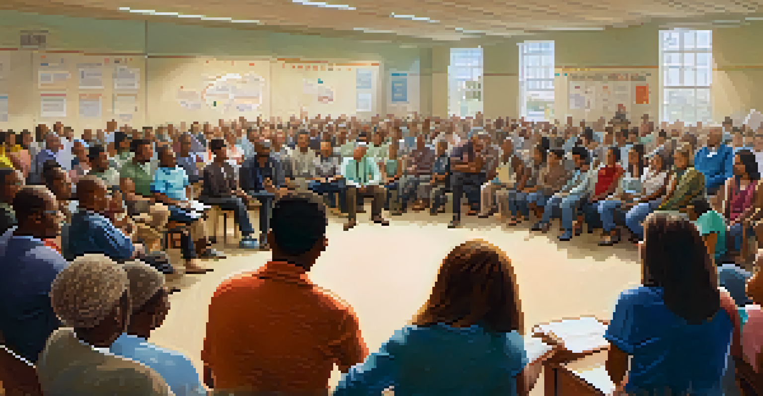 A local town hall meeting with community members seated in a circle discussing policy changes, showcasing diversity and active participation.