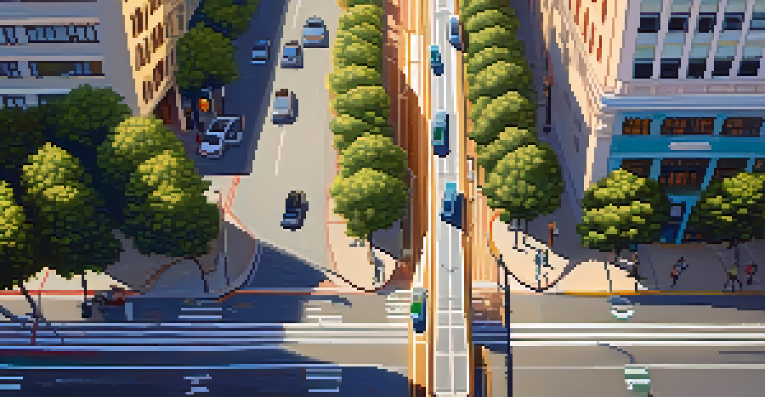 An aerial view of a smart traffic signal adjusting for a light rail train in San Francisco, with pedestrians and trees visible.