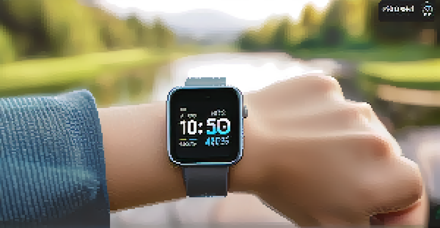 A close-up of a smartwatch showing fitness data in an outdoor setting.