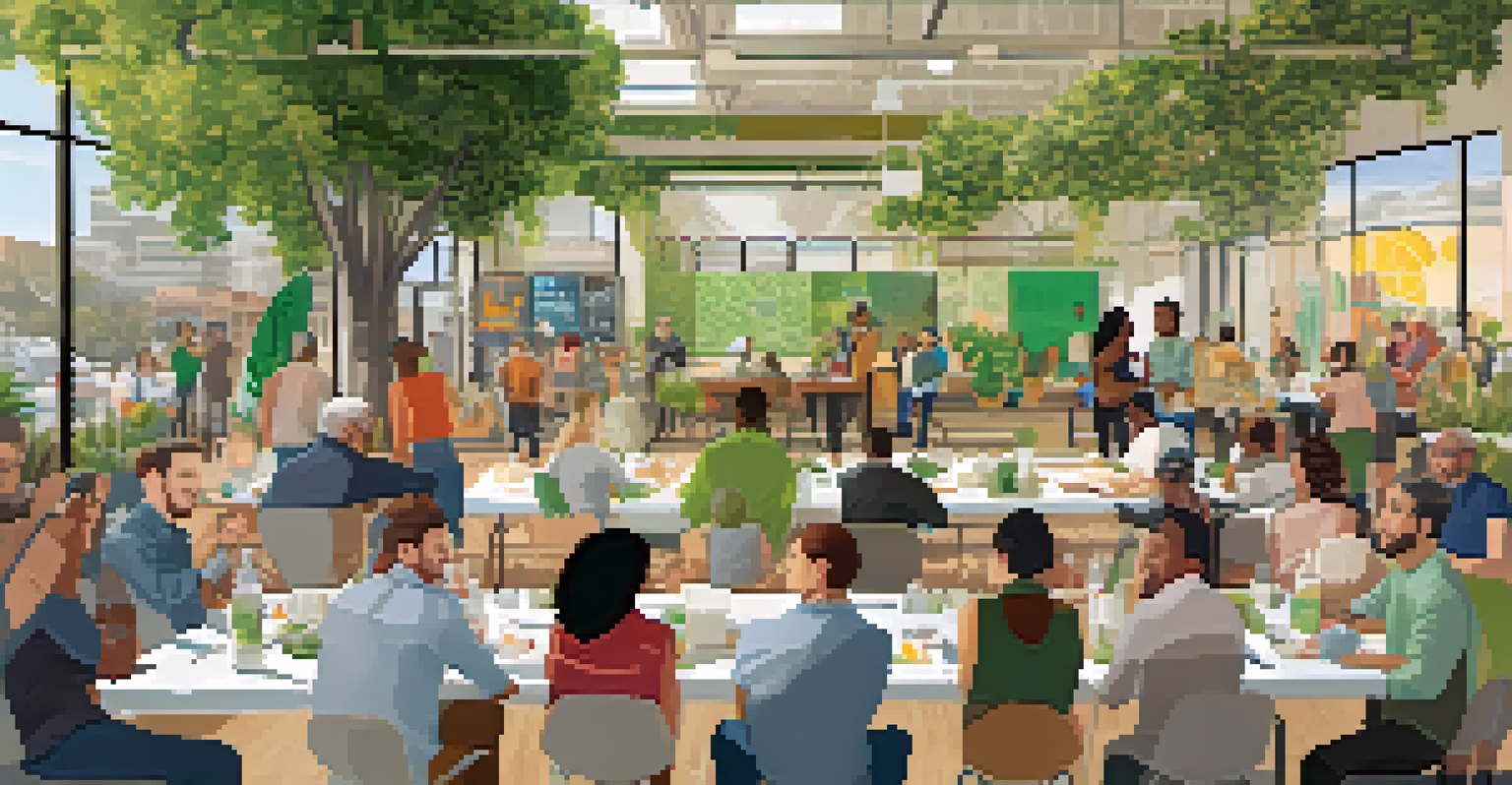 Residents participating in a workshop about sustainable building practices, surrounded by eco-friendly materials and informational displays.