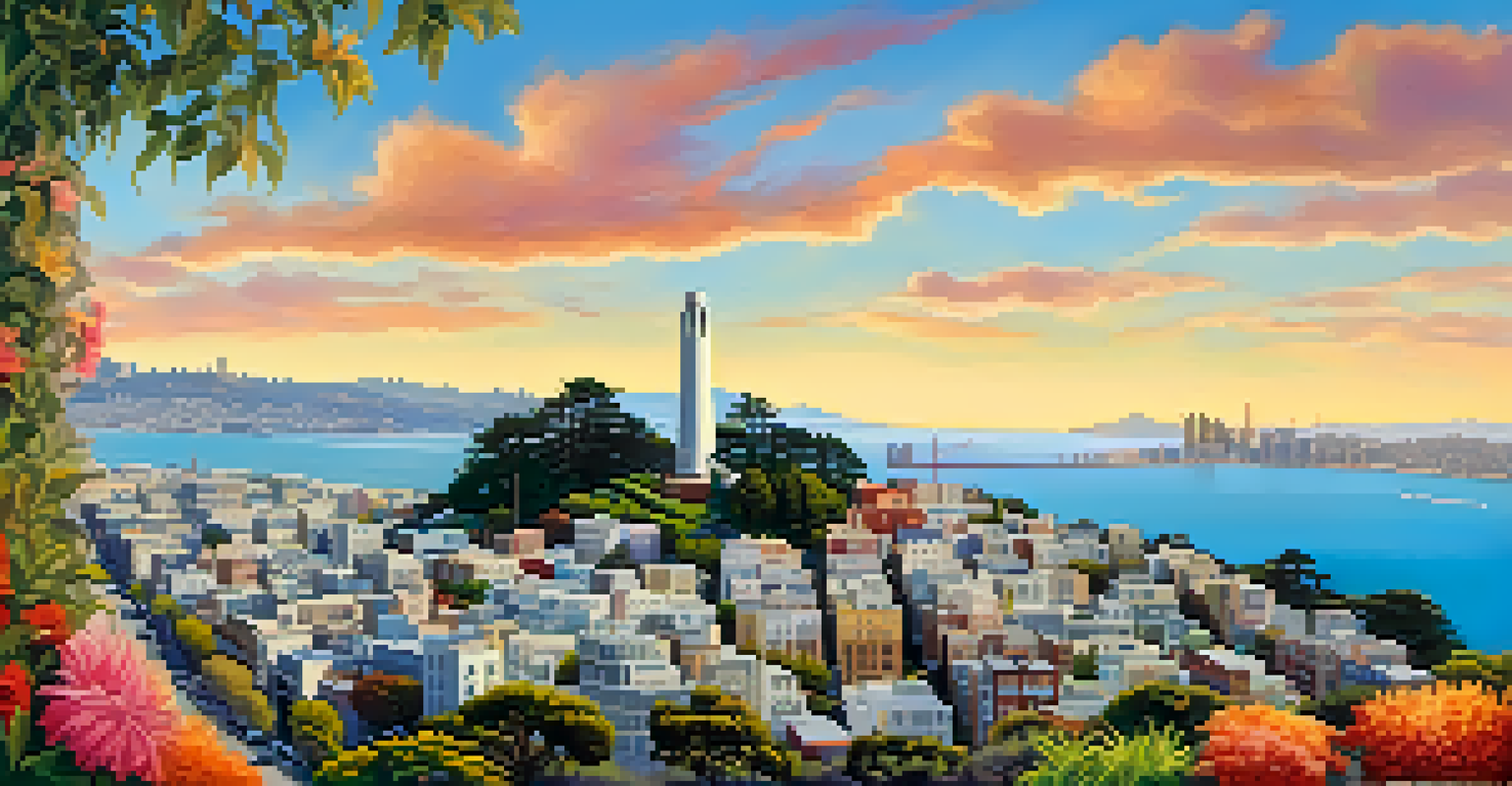 An aerial view of Coit Tower with vibrant gardens and a clear view of the San Francisco skyline in the background.