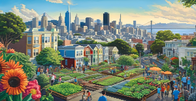 A colorful urban garden in San Francisco with diverse residents gardening, solar panels on buildings, and electric buses in the background under a clear blue sky.