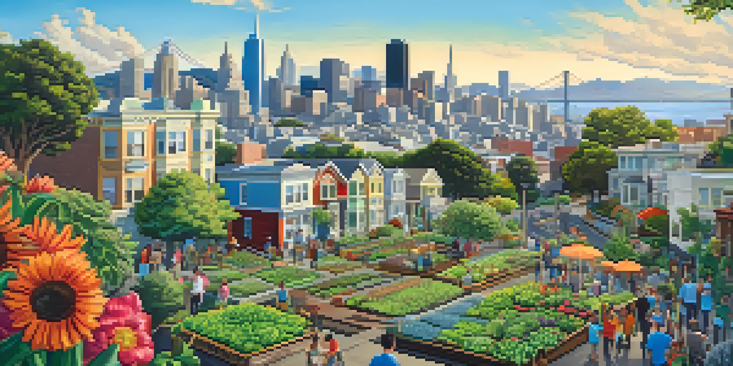 A colorful urban garden in San Francisco with diverse residents gardening, solar panels on buildings, and electric buses in the background under a clear blue sky.