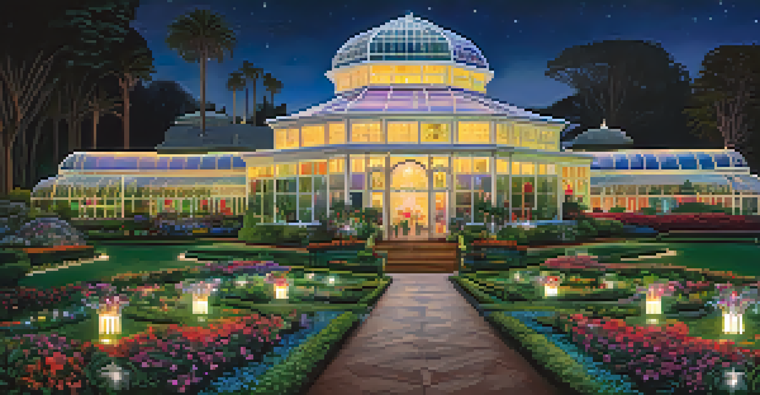 A beautiful light display at the Conservatory of Flowers, highlighting the architecture and festive decorations in a magical garden setting.